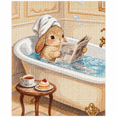 White-background diamondized artwork of a bunny reading in a bathtub with a towel turban