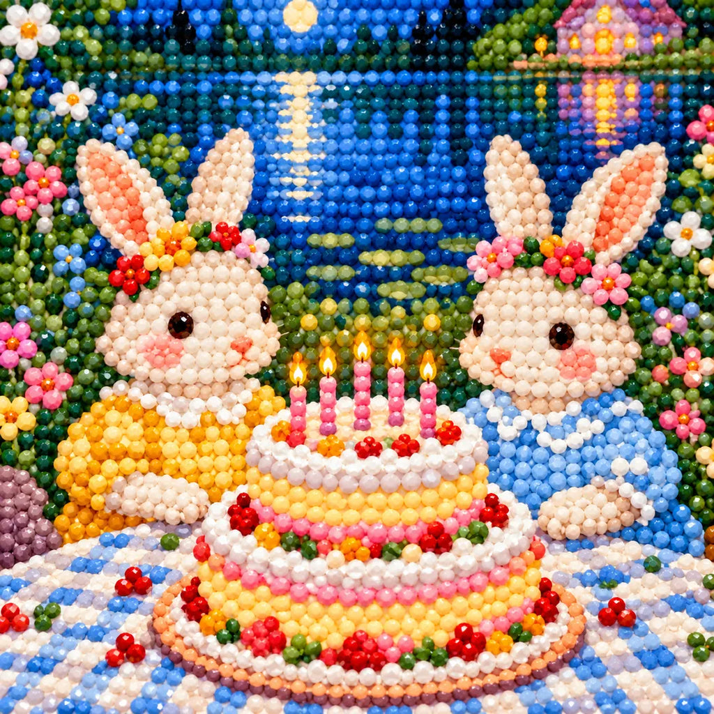Close-up diamond drill detail of bunnies and a birthday cake at a tea party