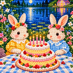 Close-up diamond drill detail of bunnies and a birthday cake at a tea party
