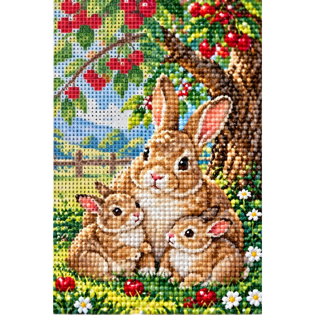 Bunny Family Apple Tree Diamond Painting Kit diamond and canvas detail