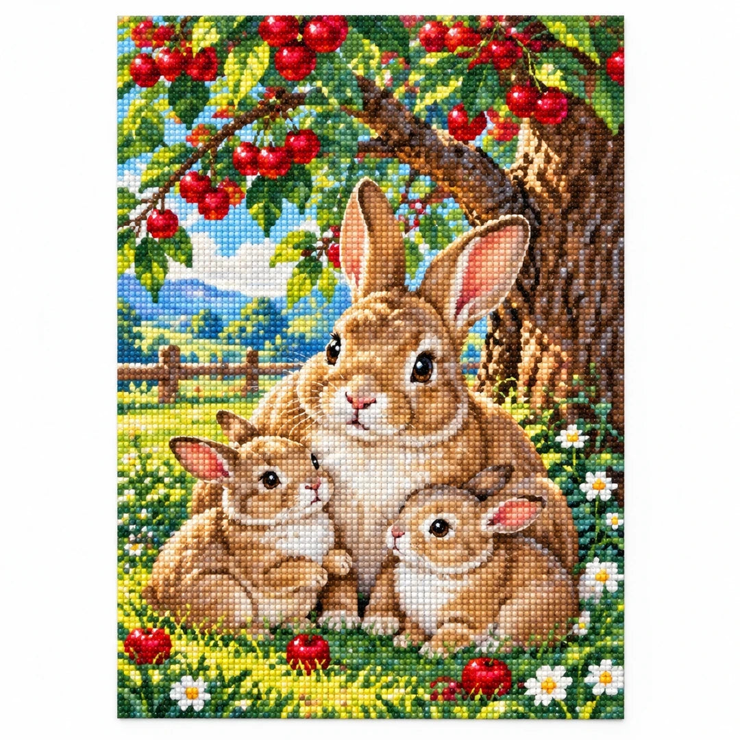 Bunny Family Apple Tree Diamond Painting Kit finished diamond artwork on white background
