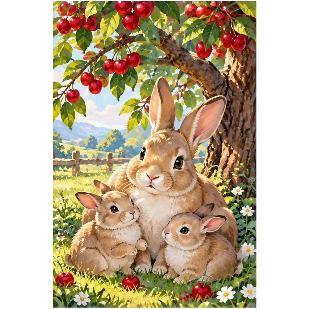 Bunny Family Apple Tree original artwork on white background