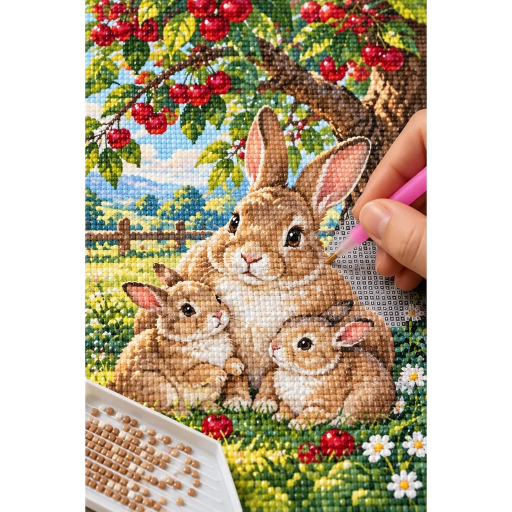 Bunny Family Apple Tree Diamond Painting Kit diamond placement process