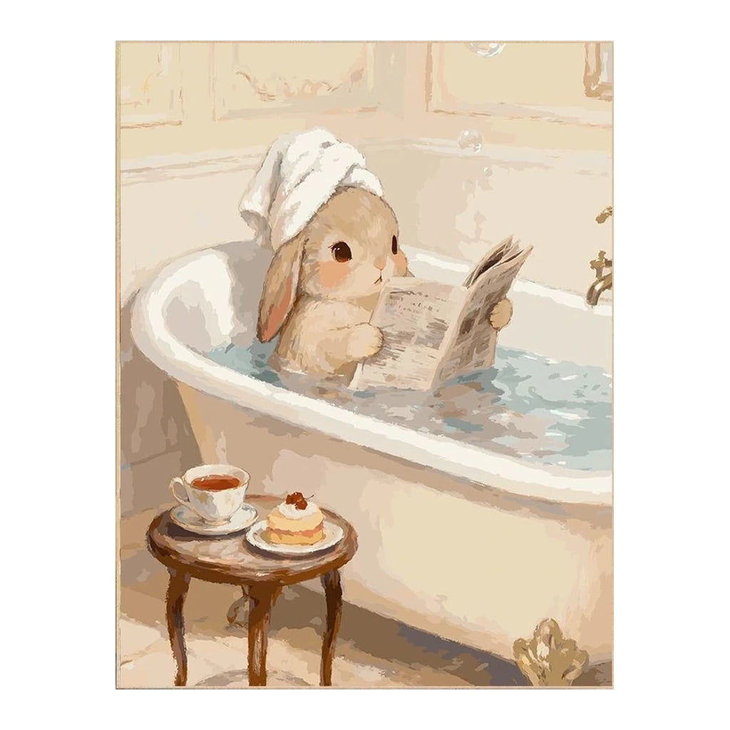 White-background original artwork of a bunny reading in a bathtub with a towel turban