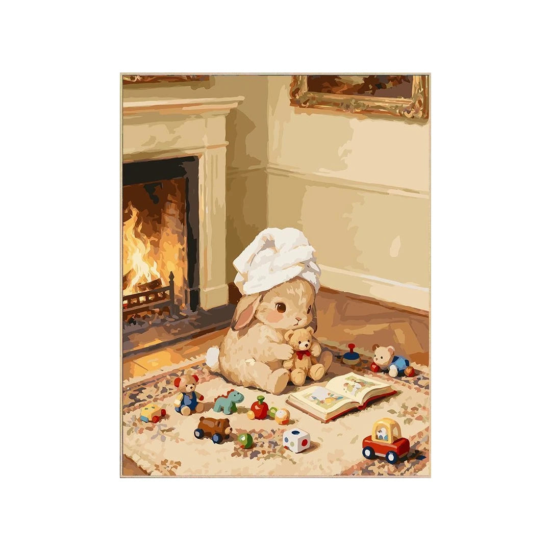 White-background original artwork of a towel-wrapped bunny playing with toys beside a fireplace