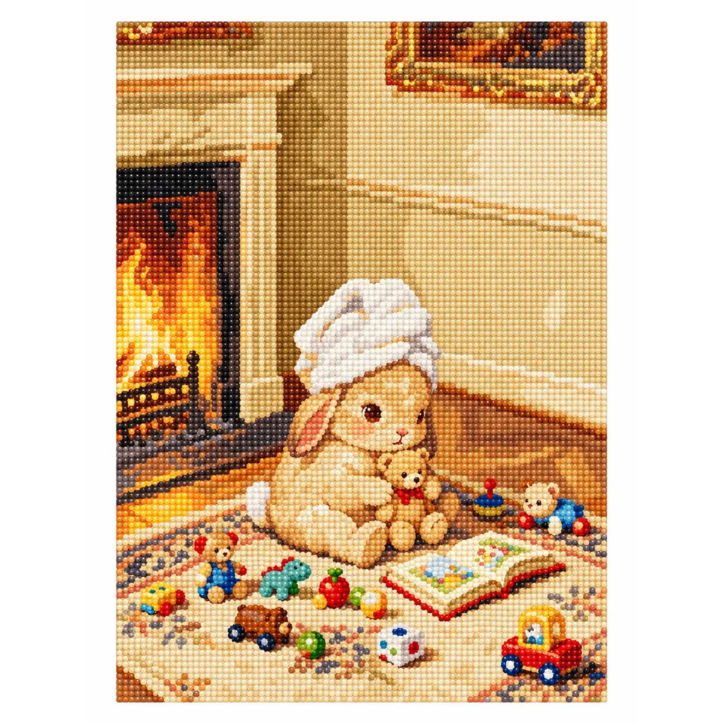 White-background diamondized artwork of a towel-wrapped bunny playing with toys beside a fireplace