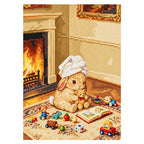 White-background diamondized artwork of a towel-wrapped bunny playing with toys beside a fireplace