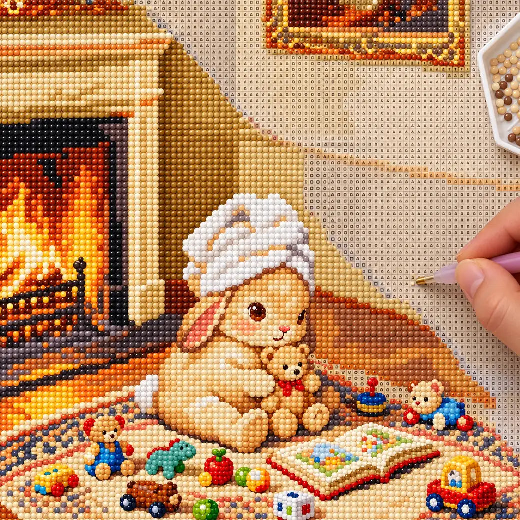 Diamond painting process showing a toy-room bunny beside a fireplace being completed with a stylus