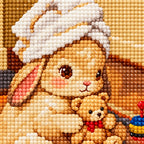 Close-up diamond drill detail of the bunny, teddy bear, and playroom toys