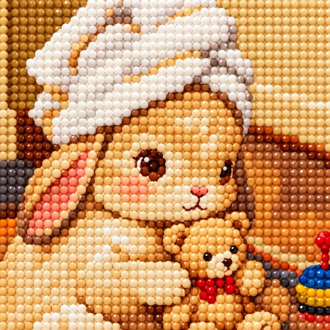 Close-up diamond drill detail of the bunny, teddy bear, and playroom toys