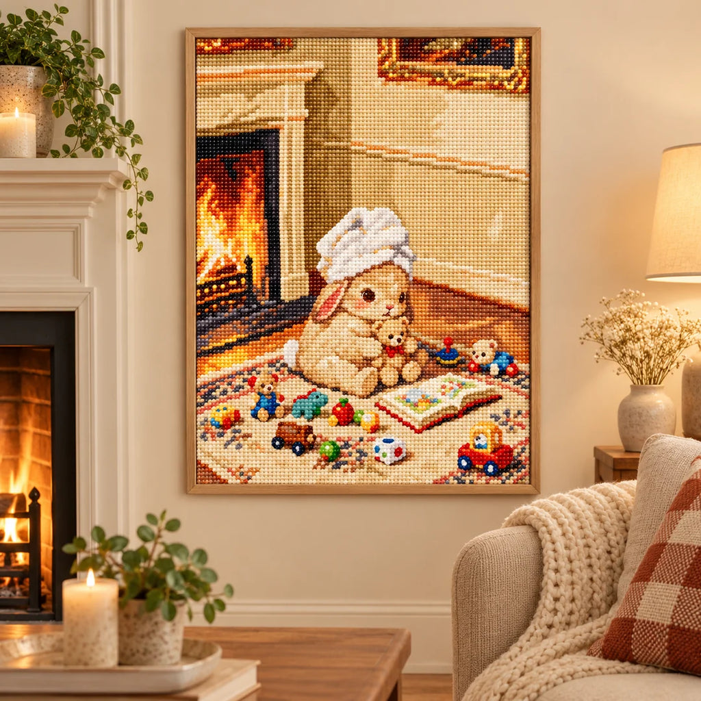 Bunny with toys by the fireplace diamond painting displayed as home decor