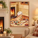 Bunny with toys by the fireplace diamond painting displayed as home decor