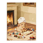 White-background original artwork of a towel-wrapped bunny playing with toys beside a fireplace