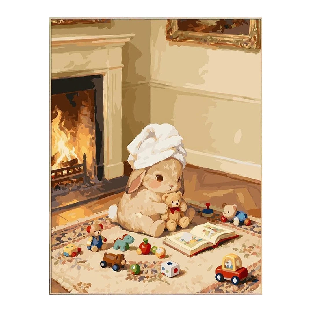 White-background original artwork of a towel-wrapped bunny playing with toys beside a fireplace