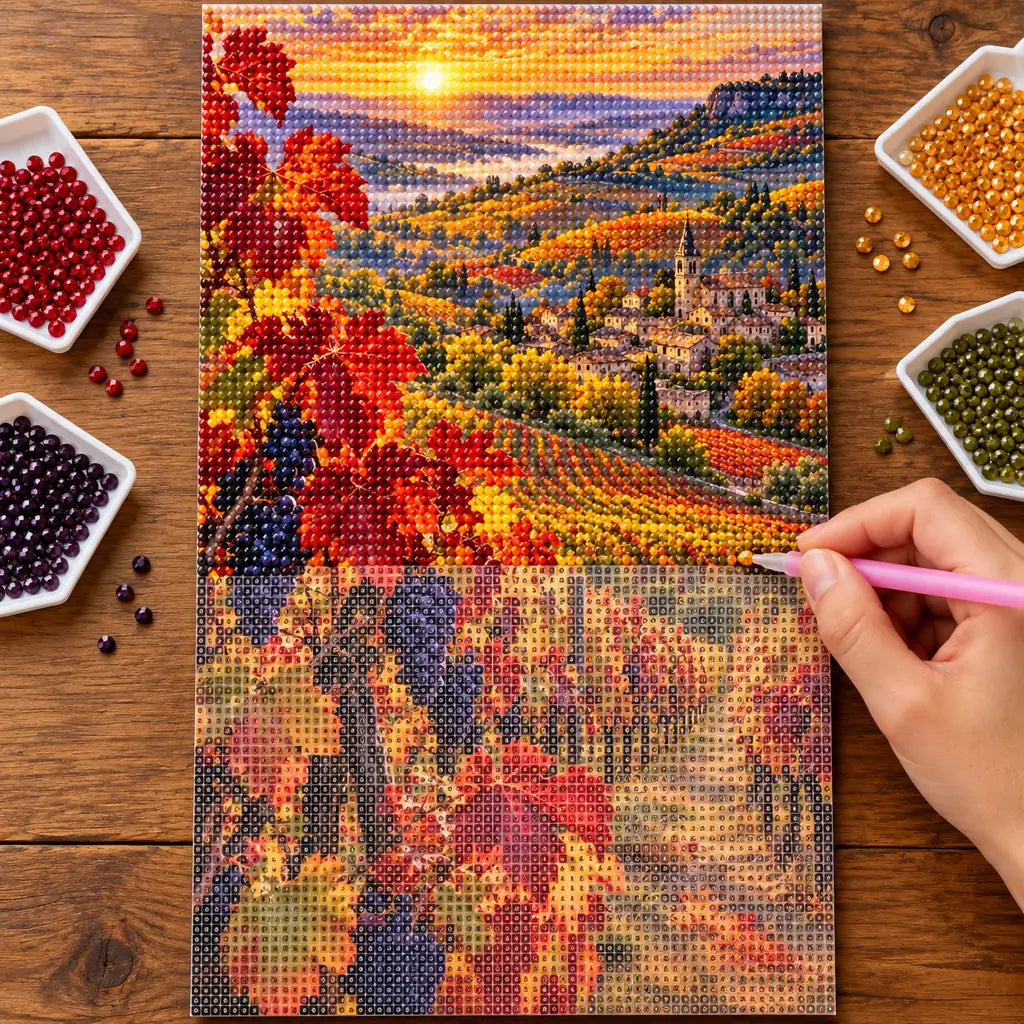 Hands placing diamond drills on the Burgundy Vineyard design.