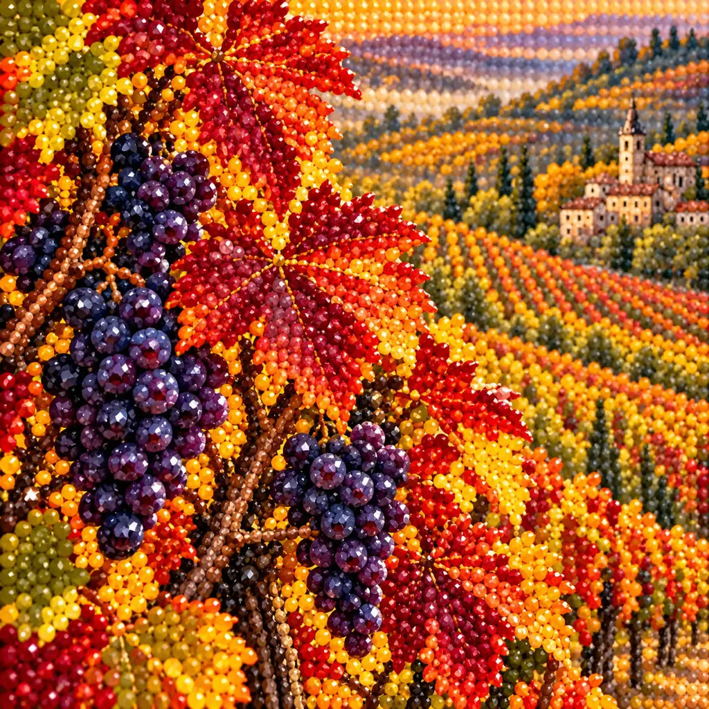 Close-up of drill details in the Burgundy Vineyard diamond painting.