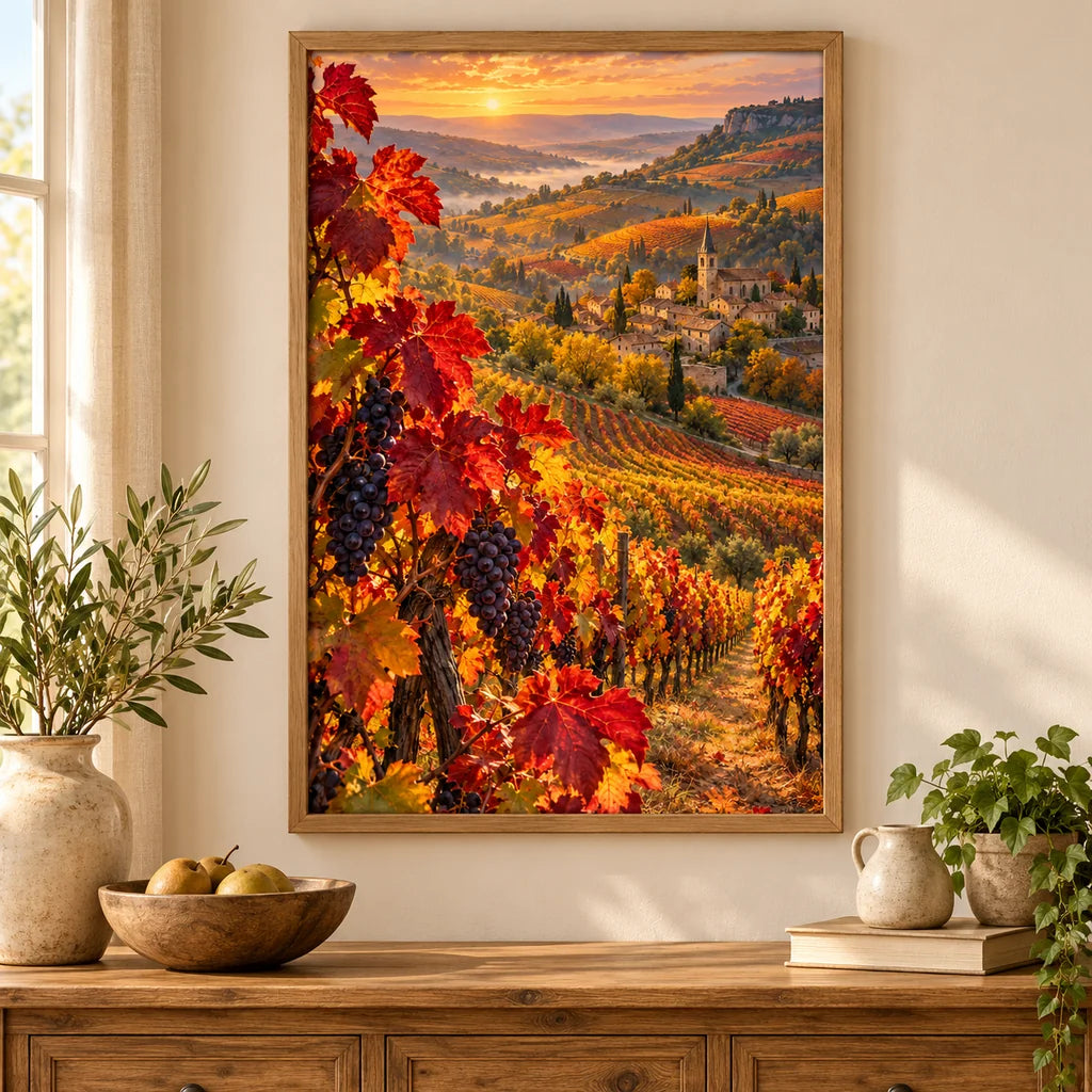 Framed Burgundy Vineyard diamond painting displayed as home decor.