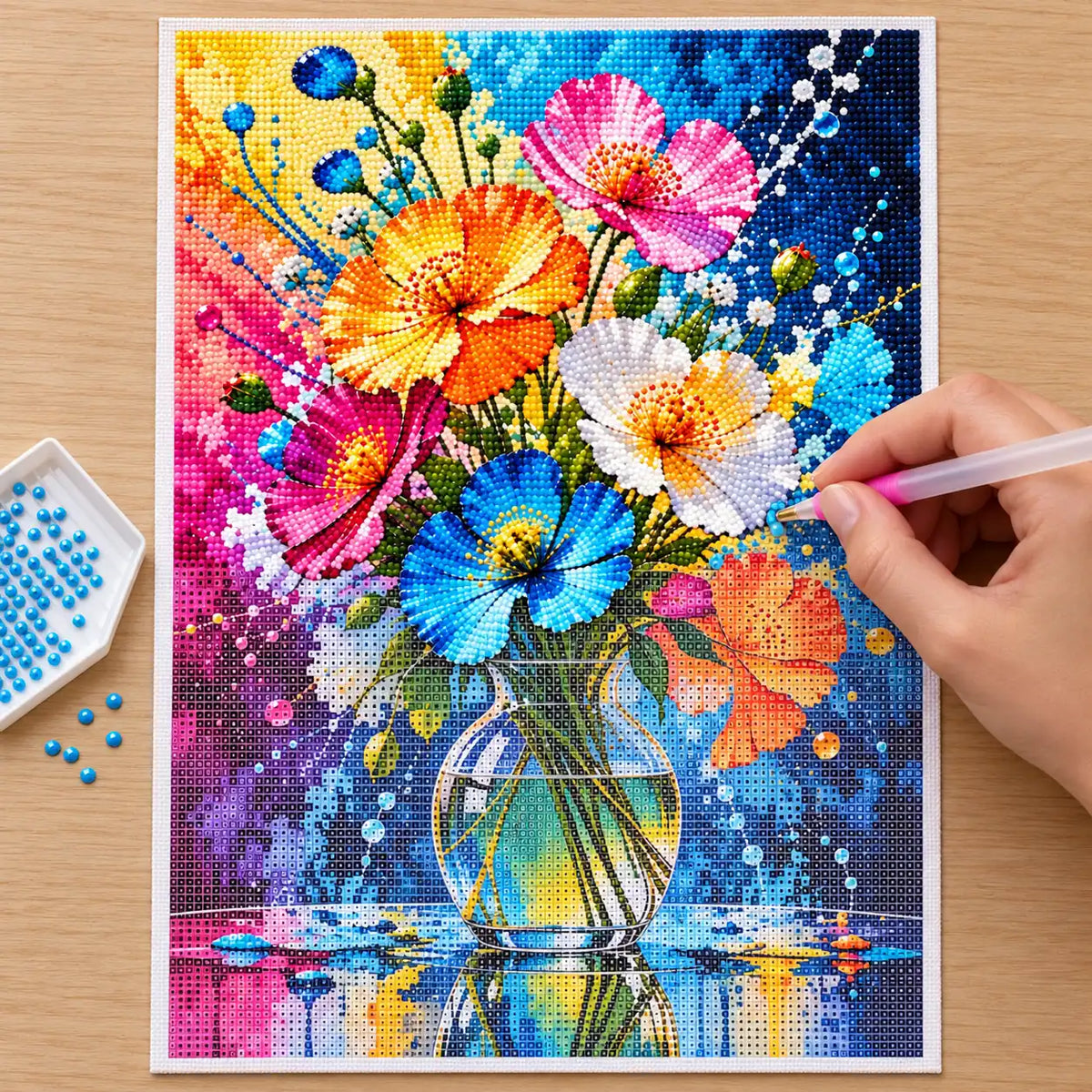 Diamond painting process for burst of summer blooms.