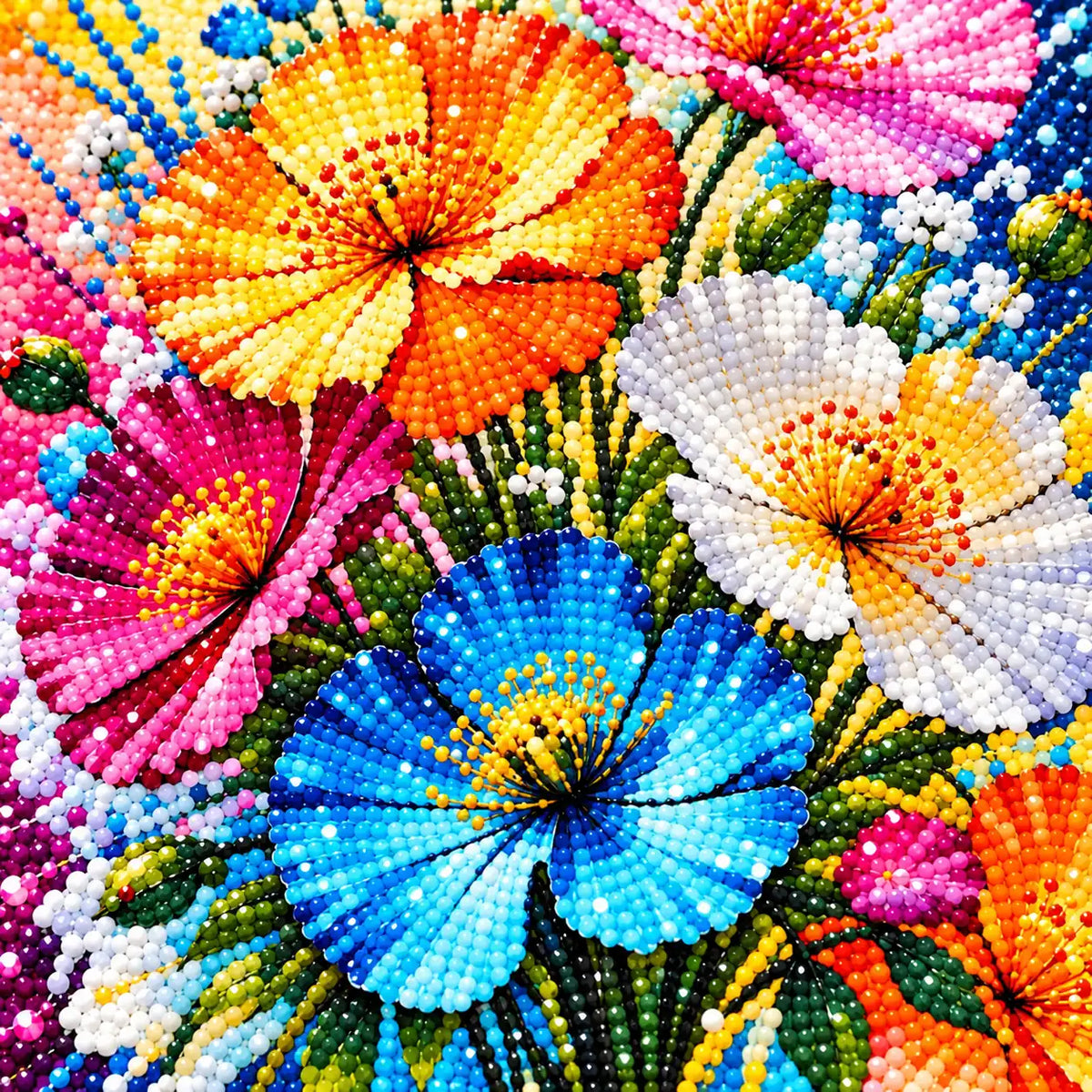 Close-up of diamond drill details in burst of summer blooms.