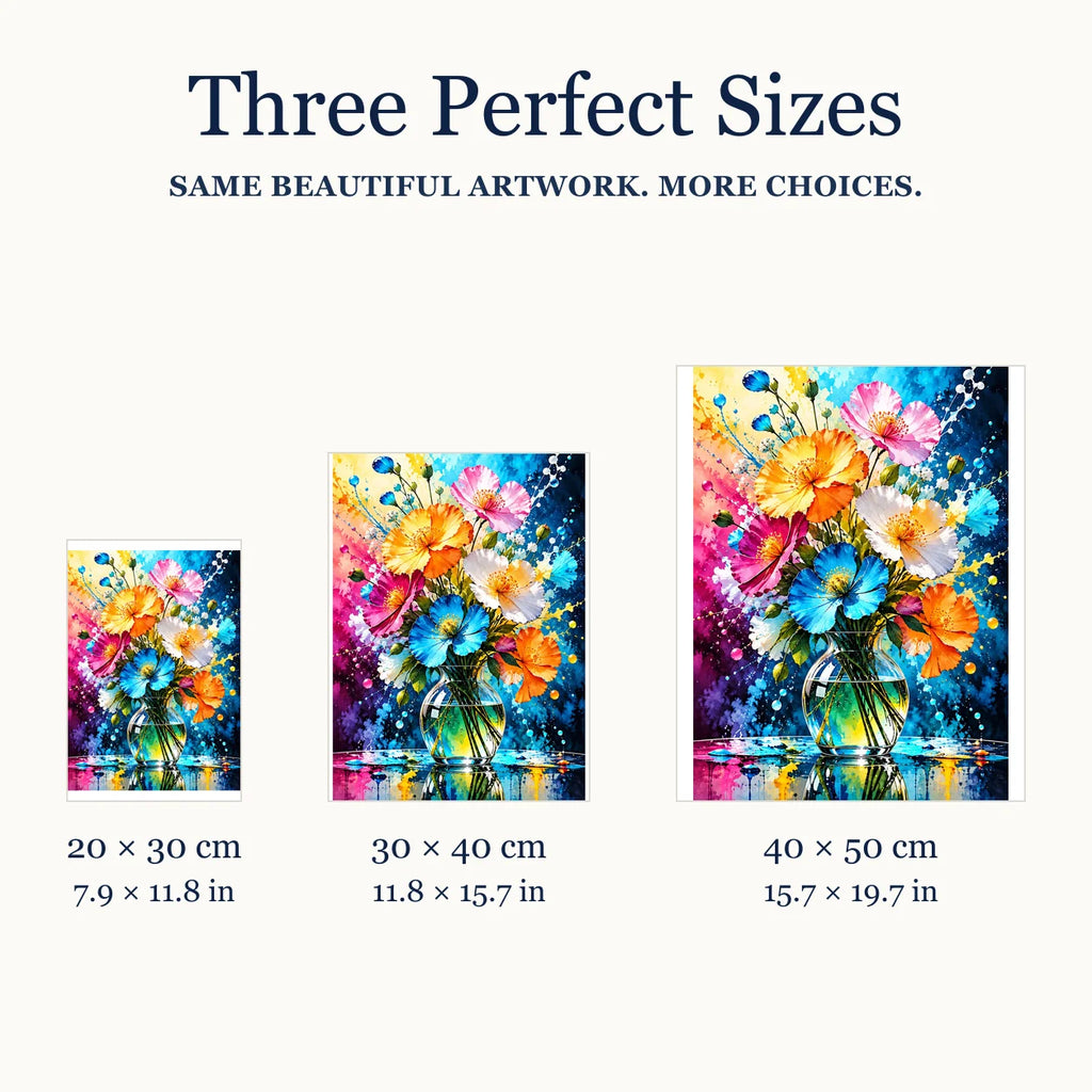 Size guide for Burst of Summer Blooms Diamond Painting Kit: 20 × 30 cm, 30 × 40 cm, and 40 × 50 cm.