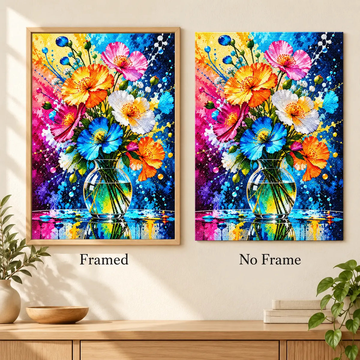 Framed and no-frame comparison for Burst of Summer Blooms Diamond Painting Kit.