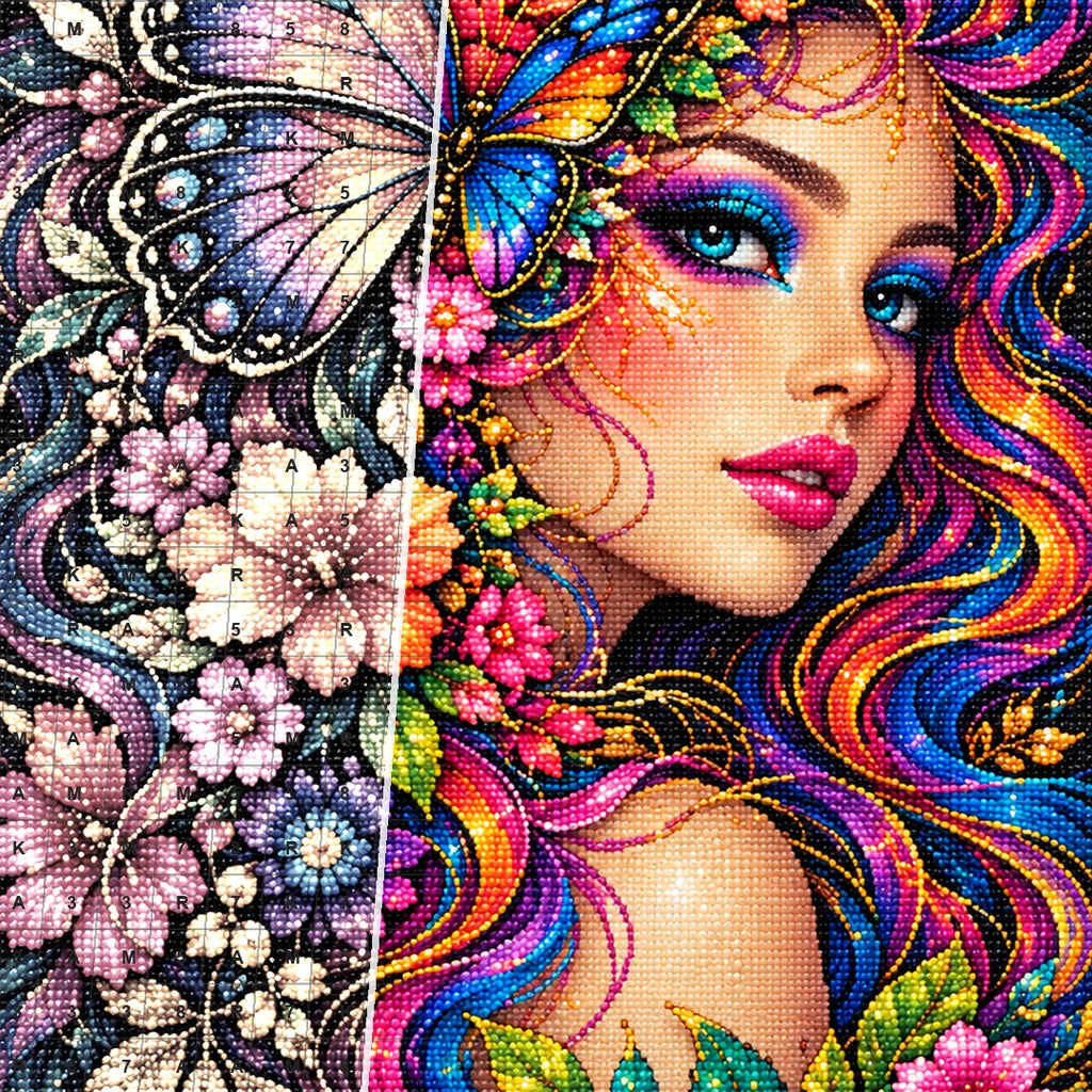 Butterfly Floral Beauty Diamond Painting Kit — Diamond and canvas detail