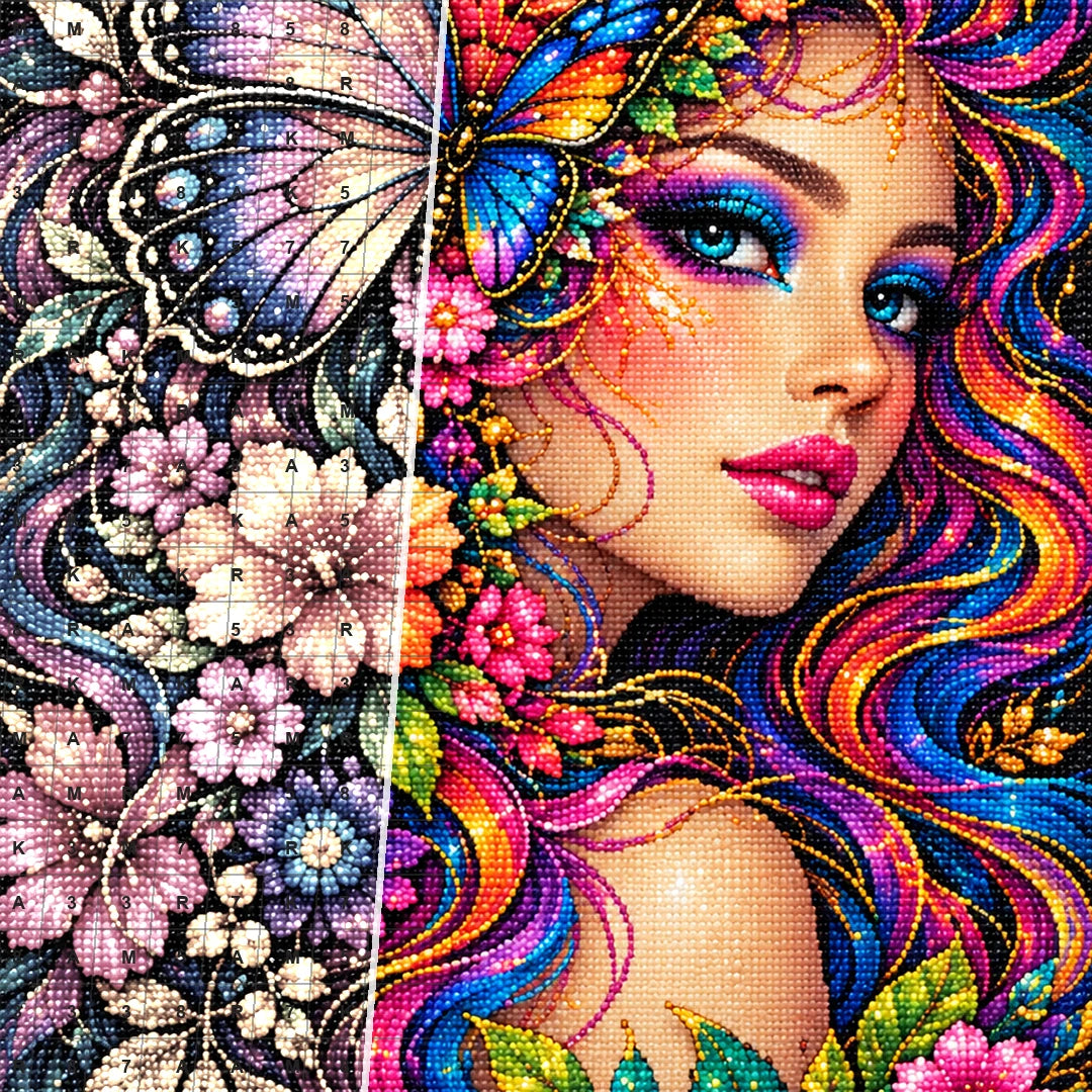 Butterfly Floral Beauty Diamond Painting Kit — Diamond and canvas detail