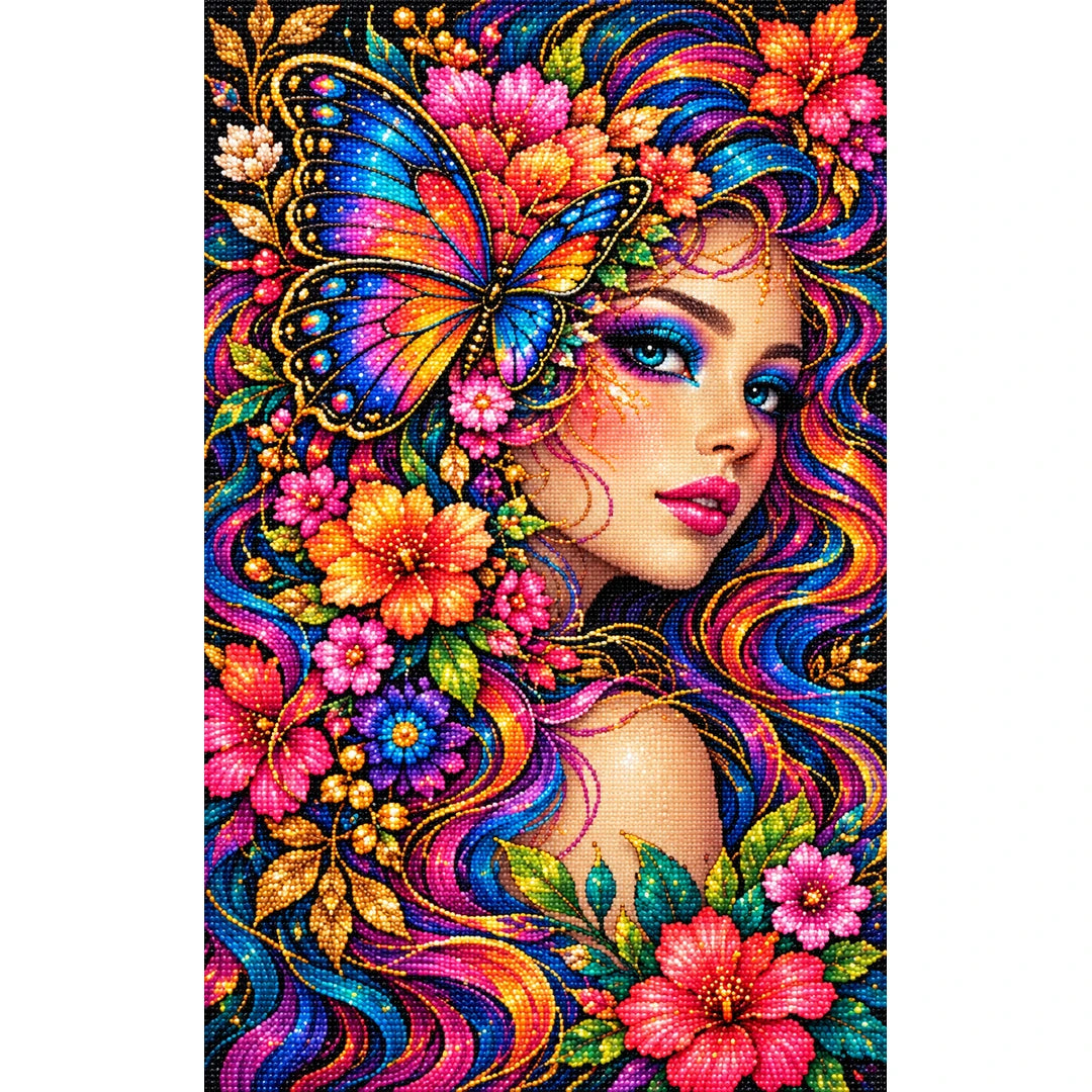Butterfly Floral Beauty Diamond Painting Kit — Finished white-background diamond painting
