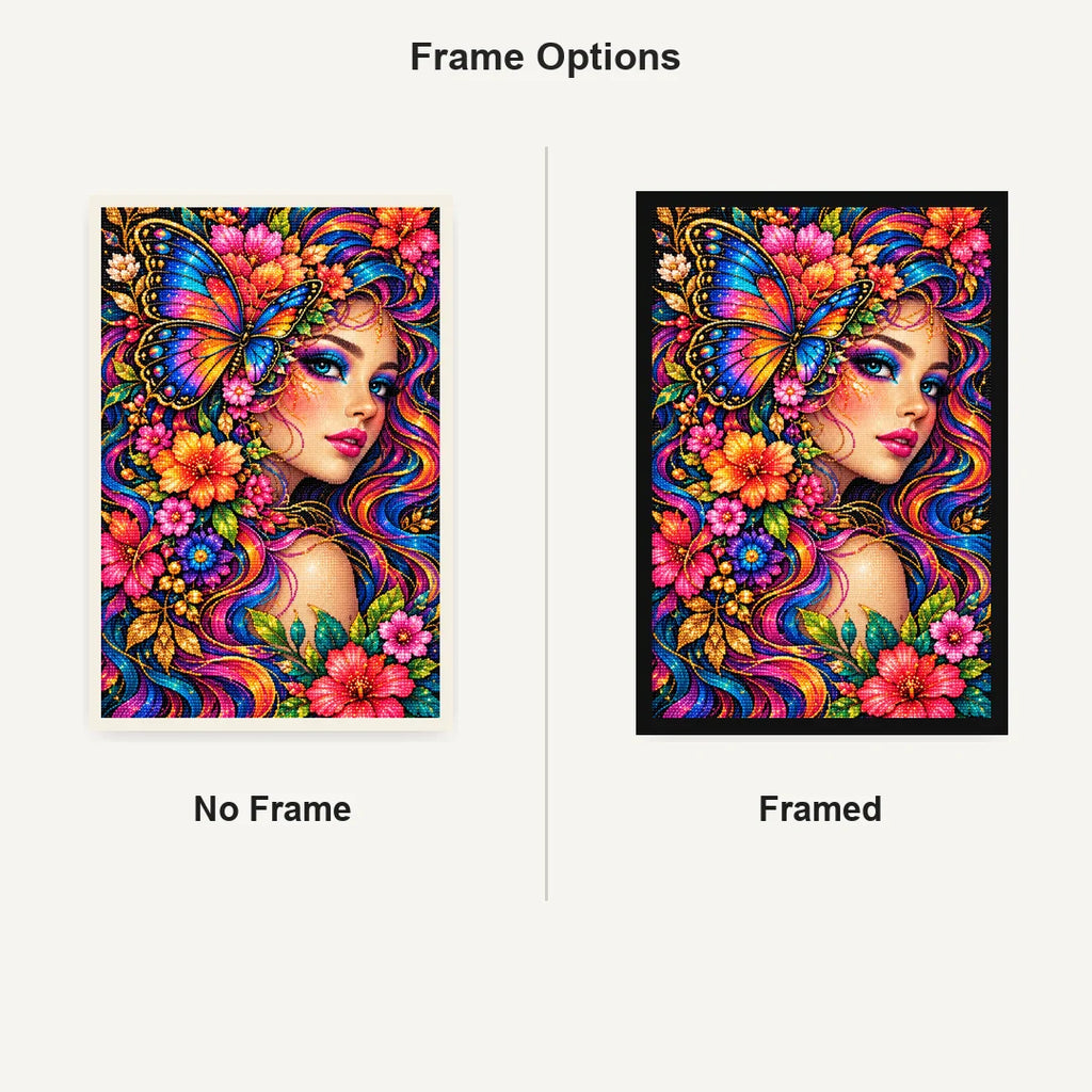 Butterfly Floral Beauty Diamond Painting Kit — No Frame and Framed comparison