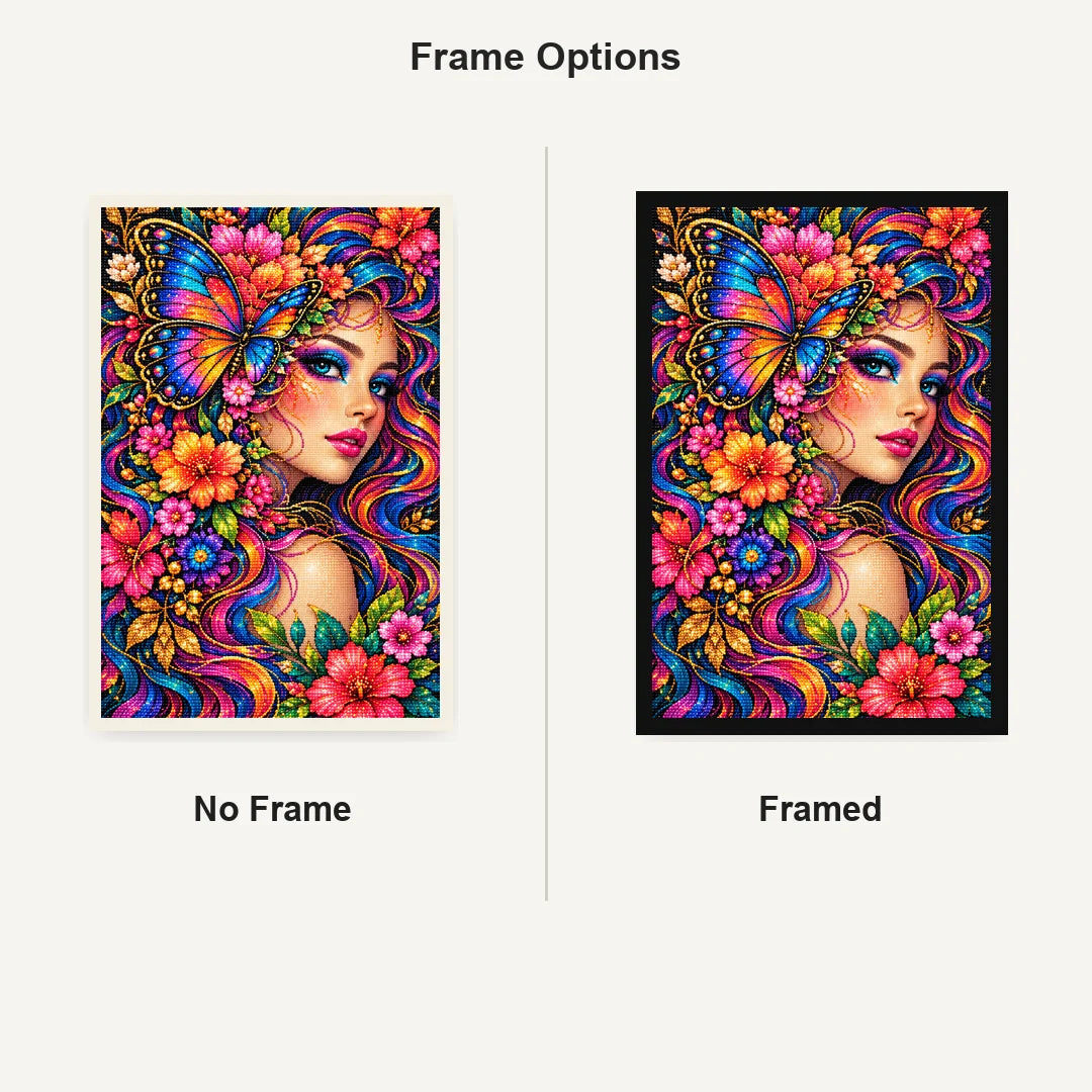Butterfly Floral Beauty Diamond Painting Kit — No Frame and Framed comparison