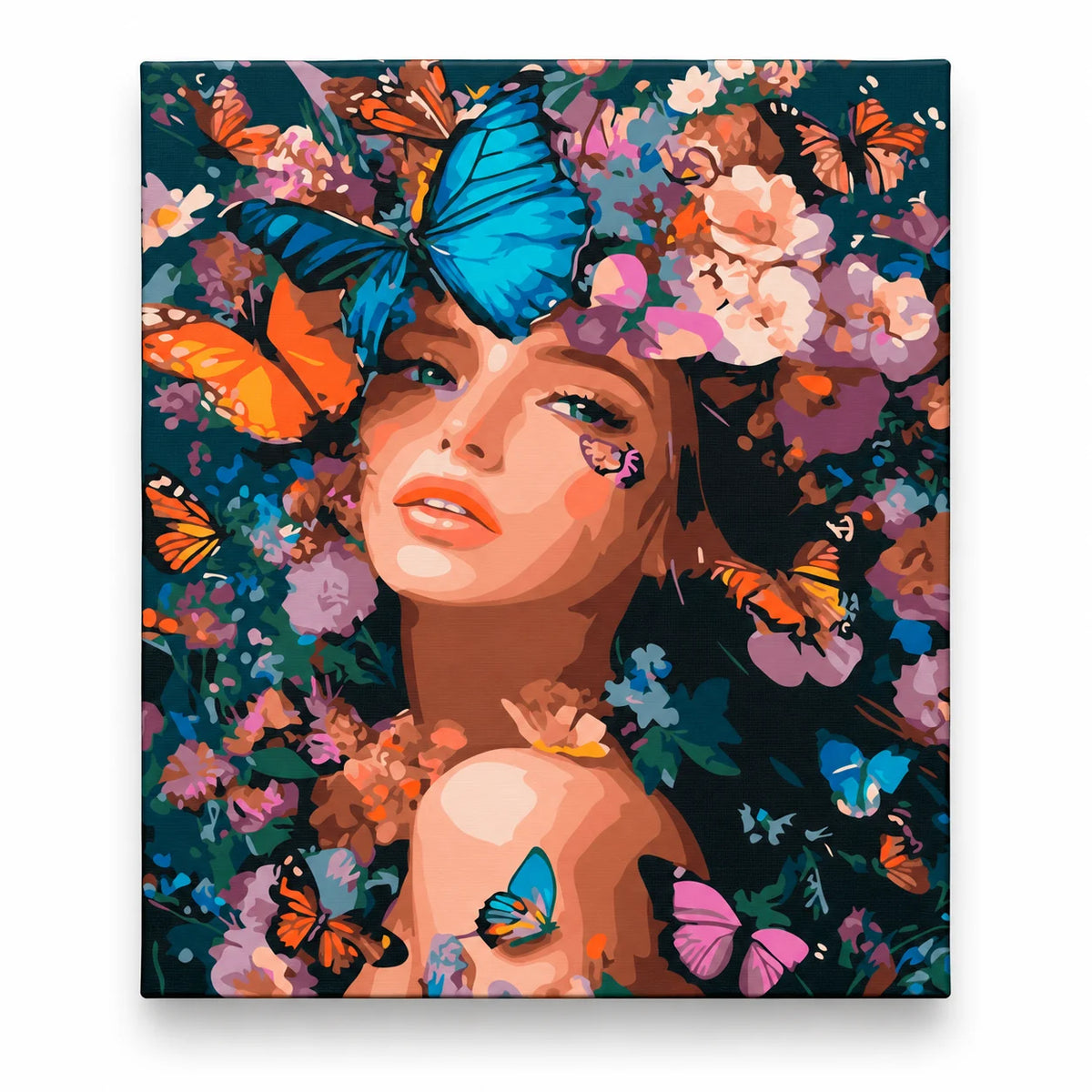 Butterfly Muse Floral Portrait paint by numbers artwork on a front-facing canvas against a white background