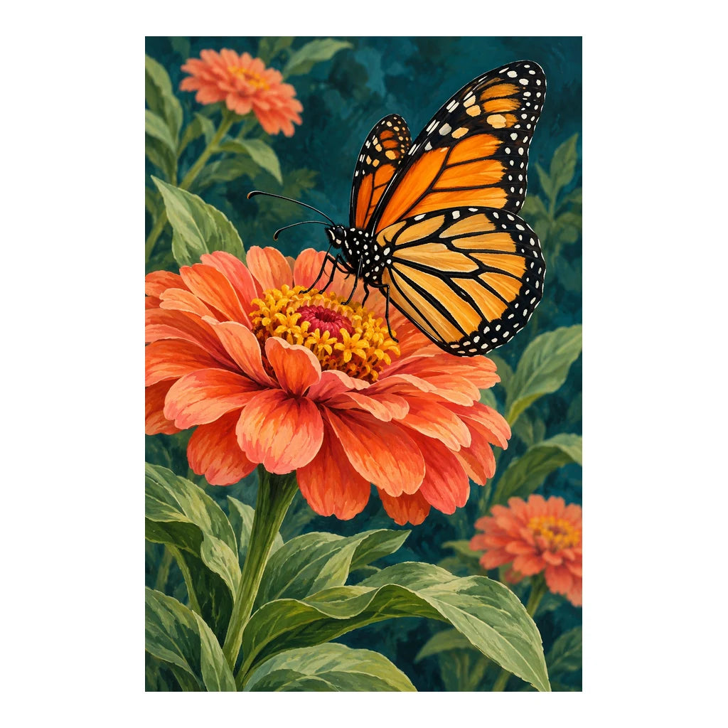 Original design of an orange zinnia with a monarch butterfly against dark green foliage, on a white background.