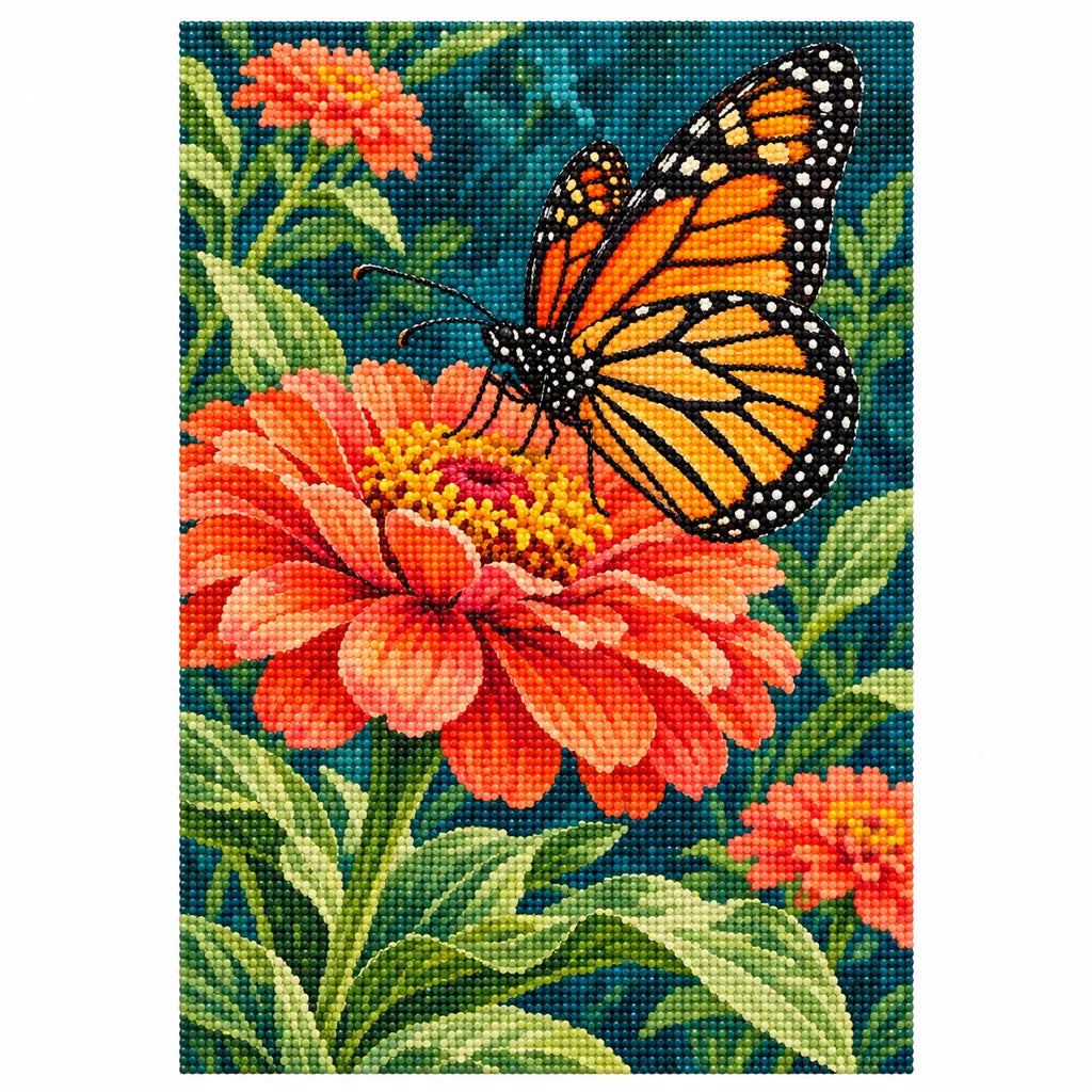 Finished diamond painting of a monarch butterfly resting on an orange zinnia, shown on a white background.