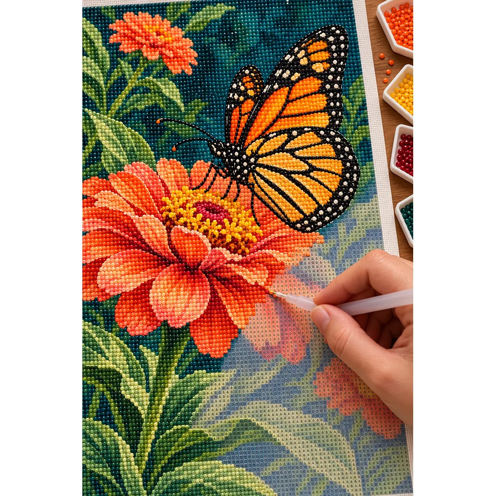 Hand placing diamond drills on the orange zinnia and monarch butterfly diamond painting canvas.
