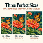 Orange zinnia and monarch butterfly diamond painting shown in 20 × 30, 30 × 40, and 40 × 50 cm sizes.