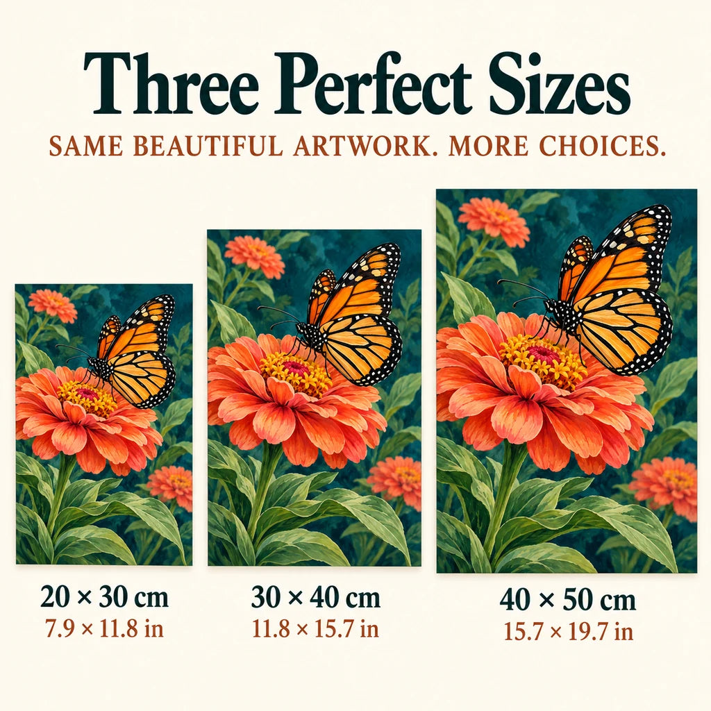 Orange zinnia and monarch butterfly diamond painting shown in 20 × 30, 30 × 40, and 40 × 50 cm sizes.