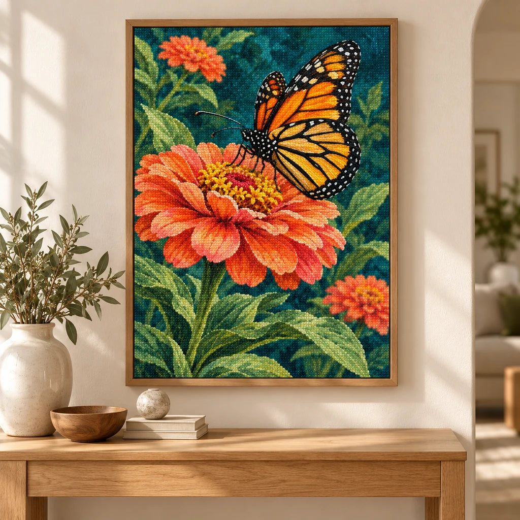 Framed orange zinnia and monarch butterfly diamond painting displayed in a bright home interior.