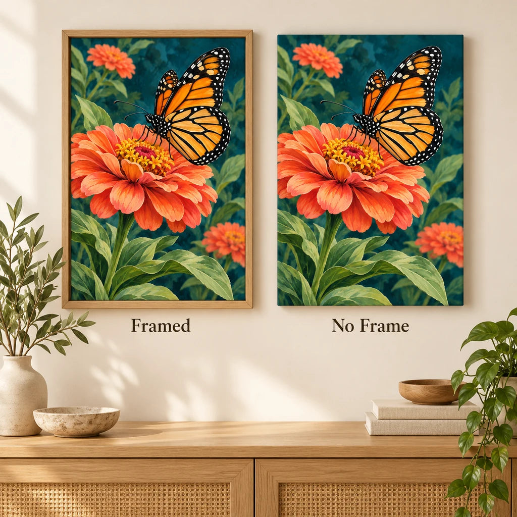 Framed and no-frame style comparison for the orange zinnia and monarch butterfly diamond painting.