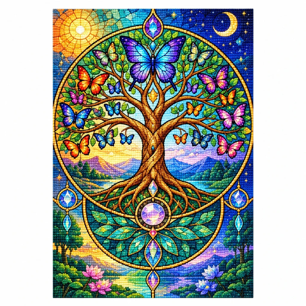 Butterfly Tree of Life Diamond Painting Kit — finished diamond painting on white background