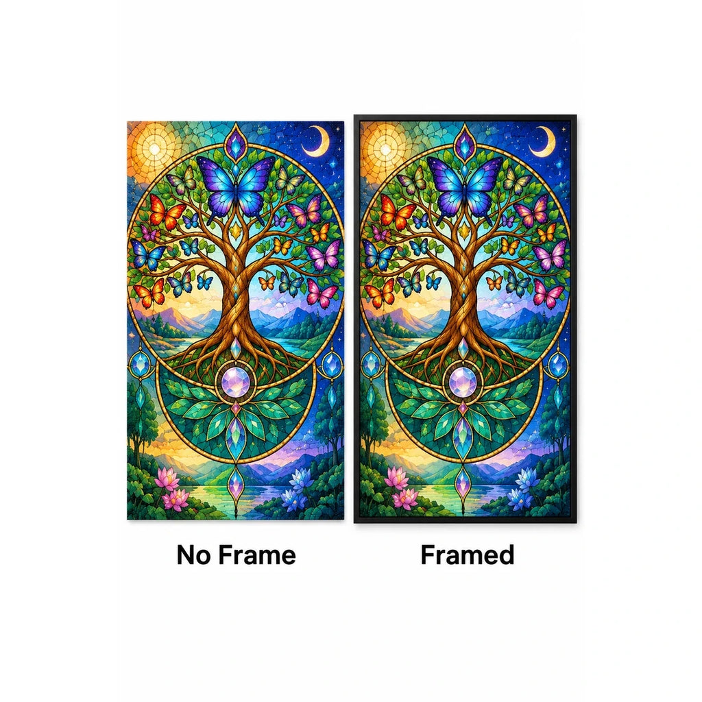 Butterfly Tree of Life Diamond Painting Kit — No Frame and Framed style comparison