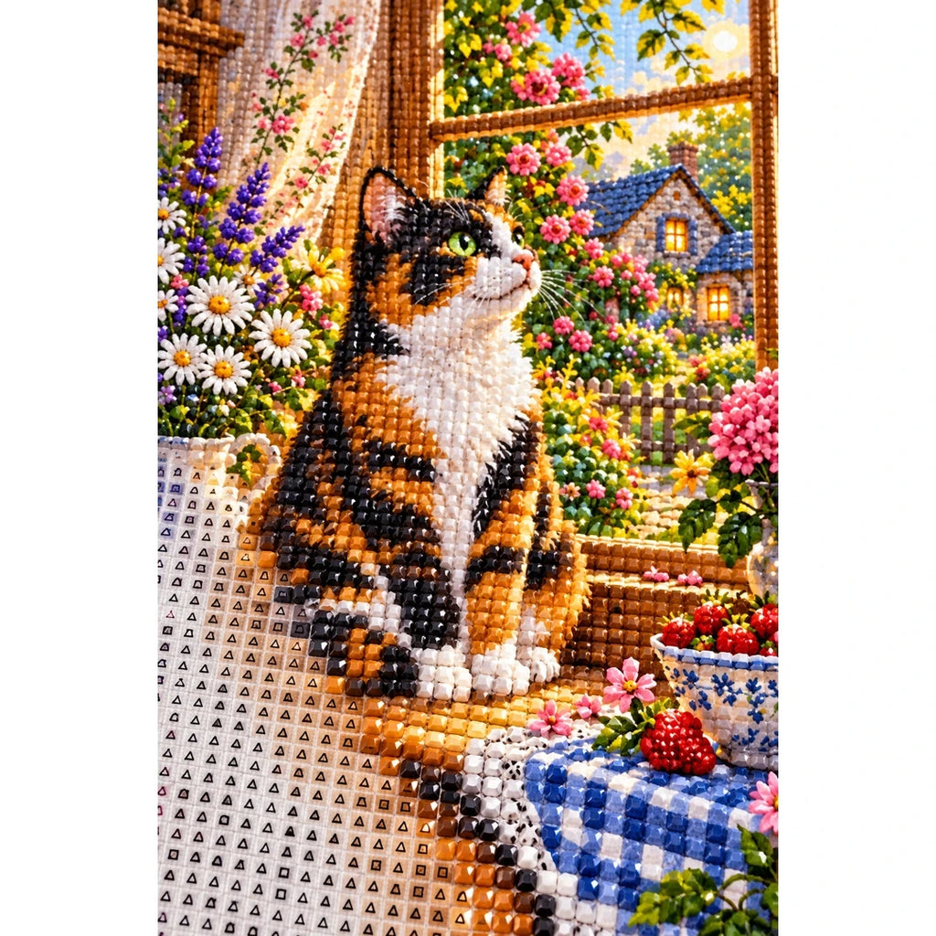 Calico Cat Cottage Kitchen Diamond Painting Kit — canvas and drill material detail
