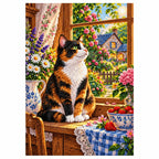 Calico Cat Cottage Kitchen Diamond Painting Kit — finished diamond painting on white background