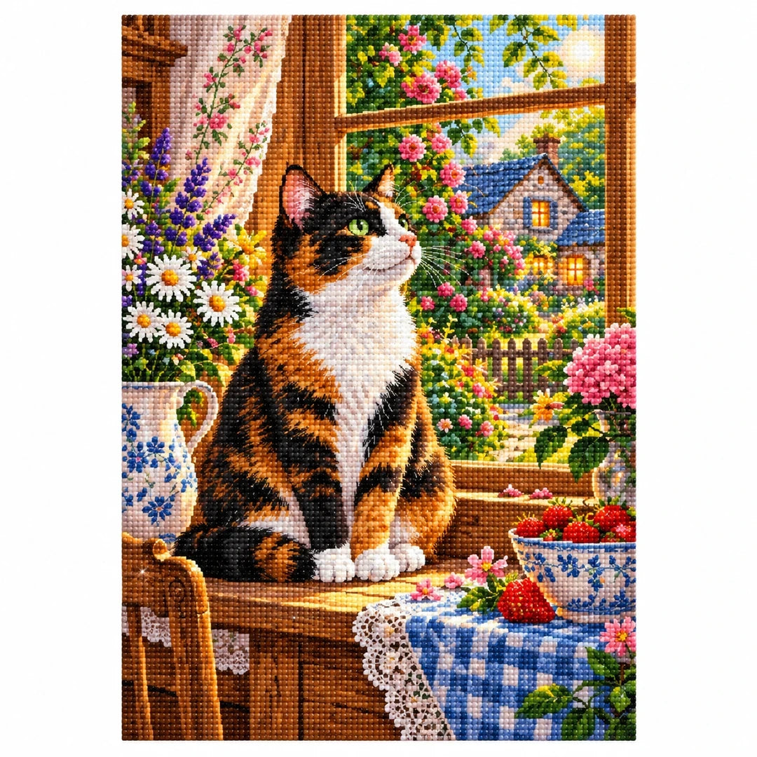 Calico Cat Cottage Kitchen Diamond Painting Kit — finished diamond painting on white background