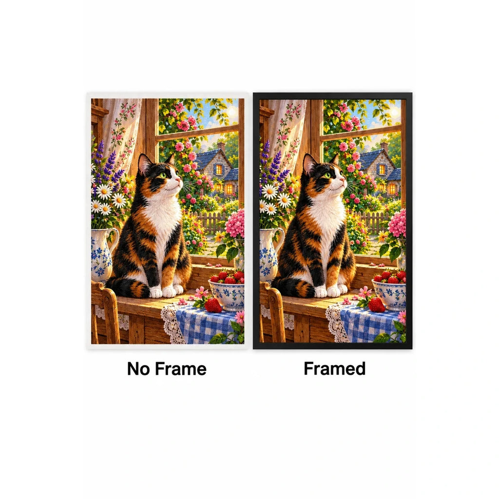 Calico Cat Cottage Kitchen Diamond Painting Kit — No Frame and Framed style comparison