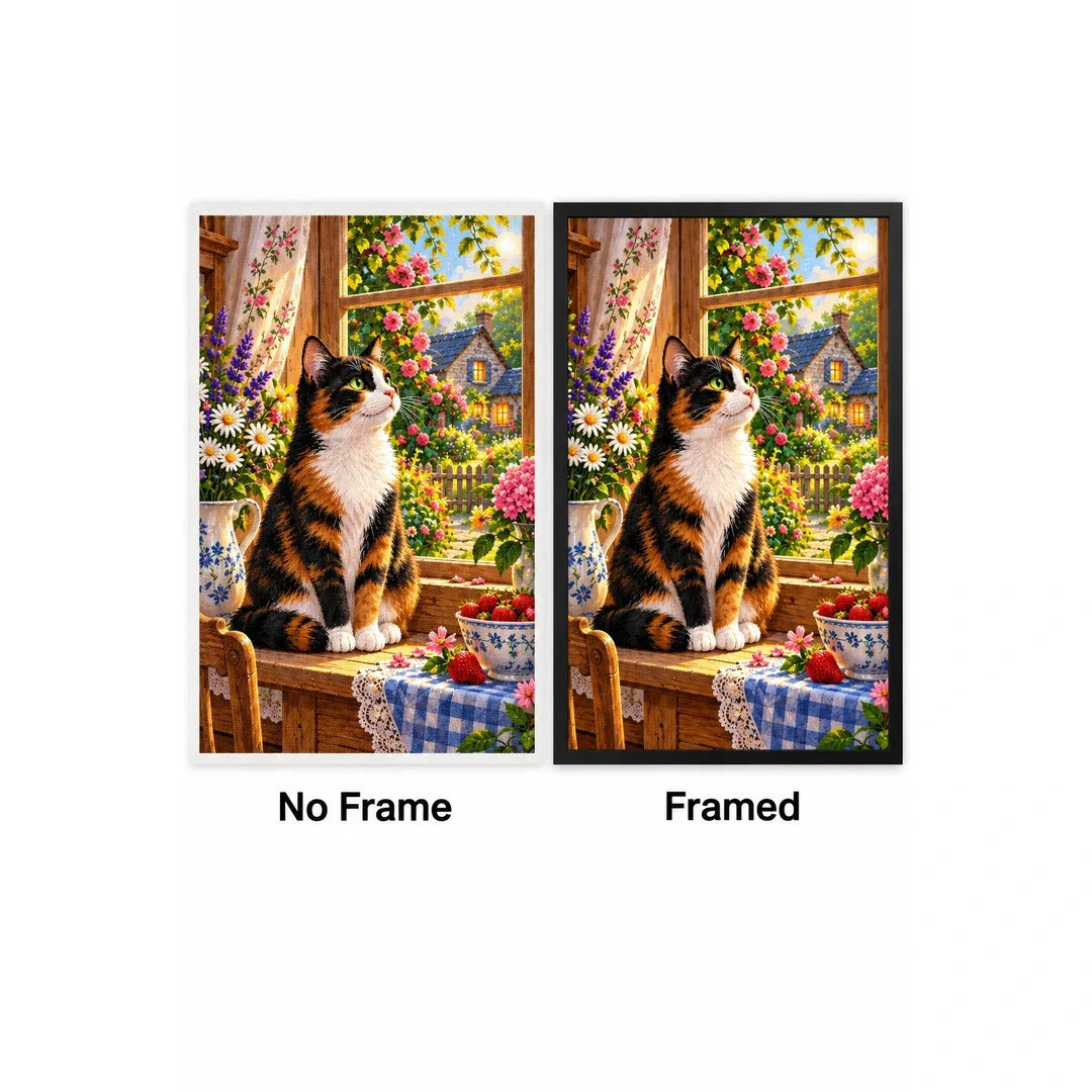Calico Cat Cottage Kitchen Diamond Painting Kit — No Frame and Framed style comparison