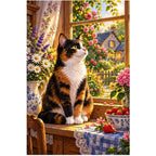Calico Cat Cottage Kitchen Diamond Painting Kit — original white-background artwork