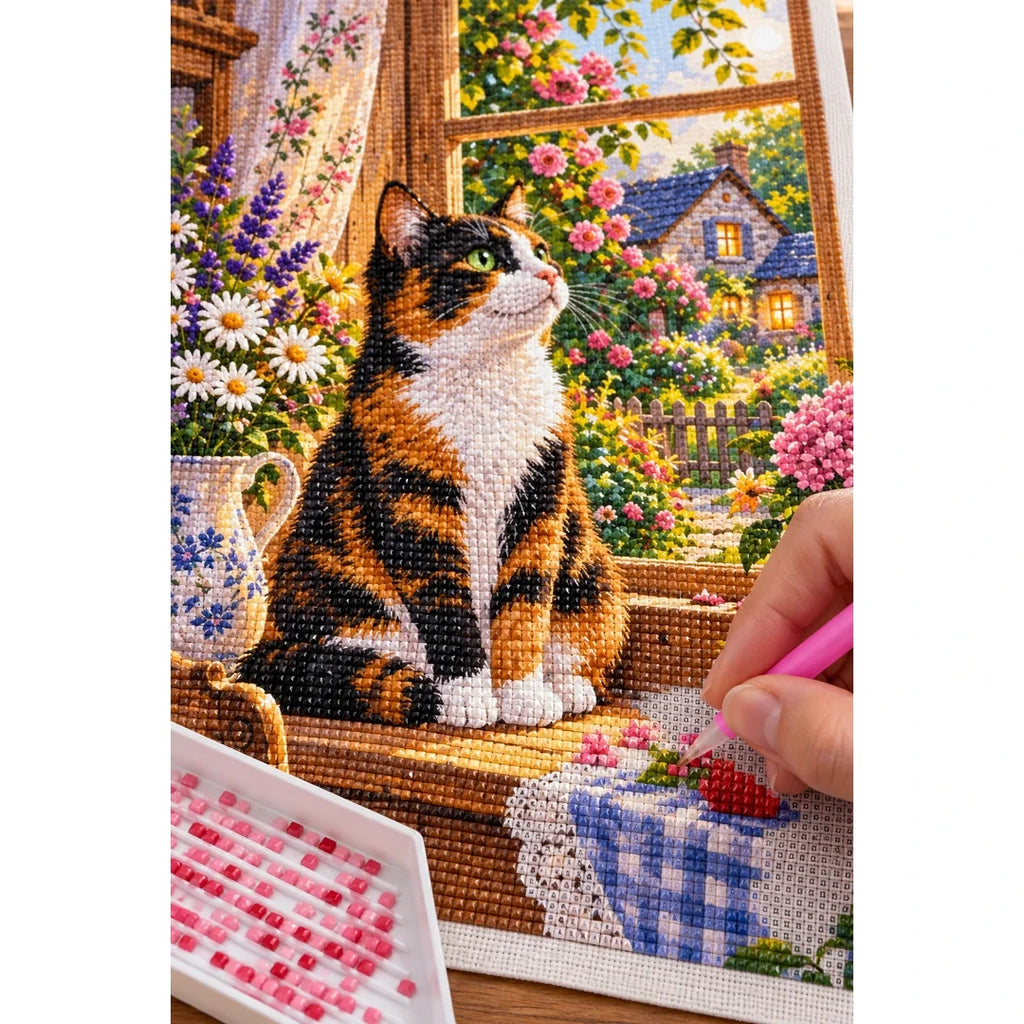 Calico Cat Cottage Kitchen Diamond Painting Kit — diamond painting application process