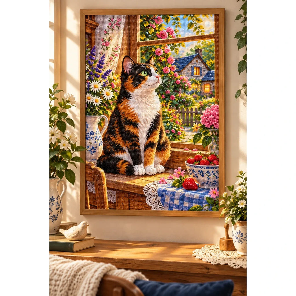 Calico Cat Cottage Kitchen Diamond Painting Kit — finished diamond painting in a home setting