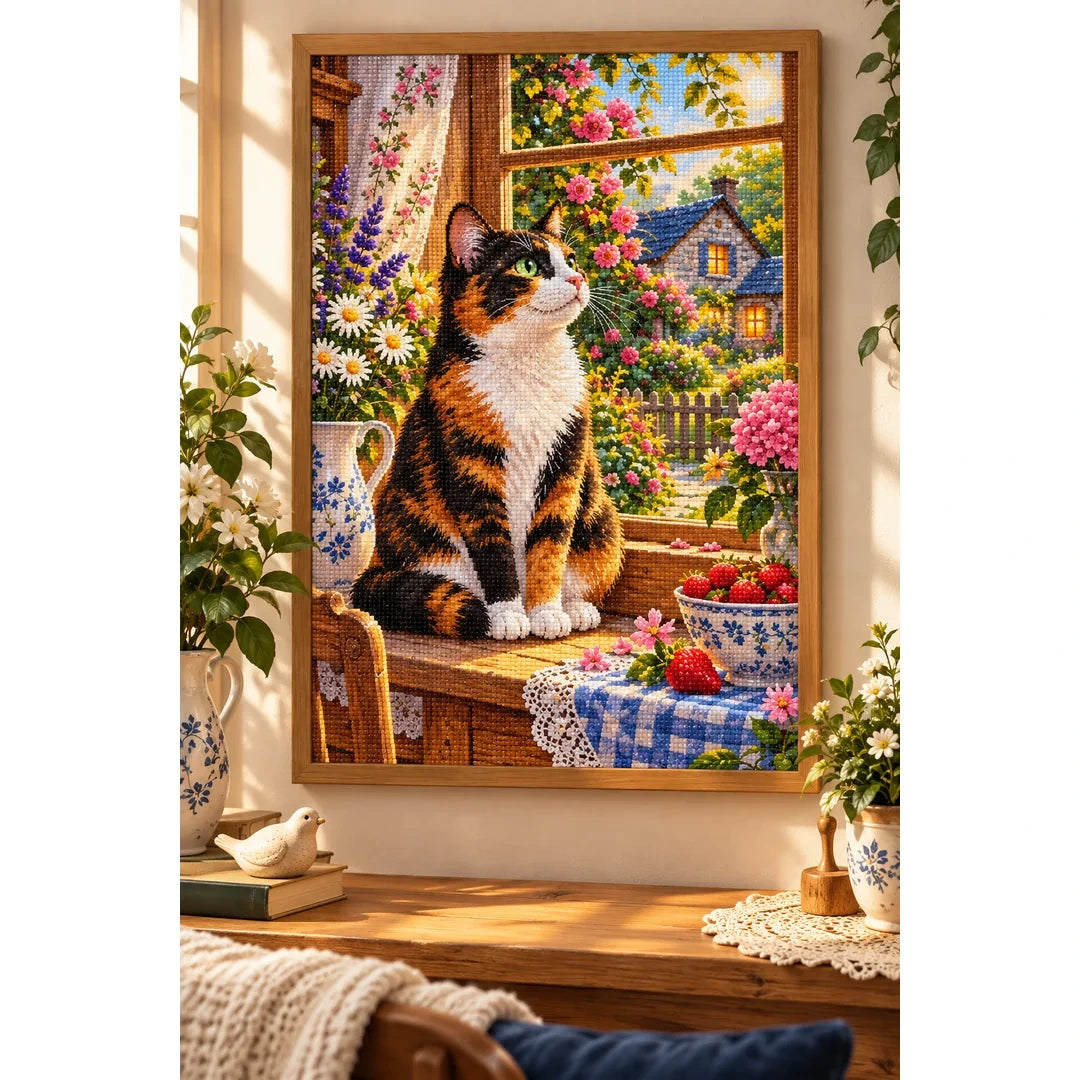 Calico Cat Cottage Kitchen Diamond Painting Kit — finished diamond painting in a home setting
