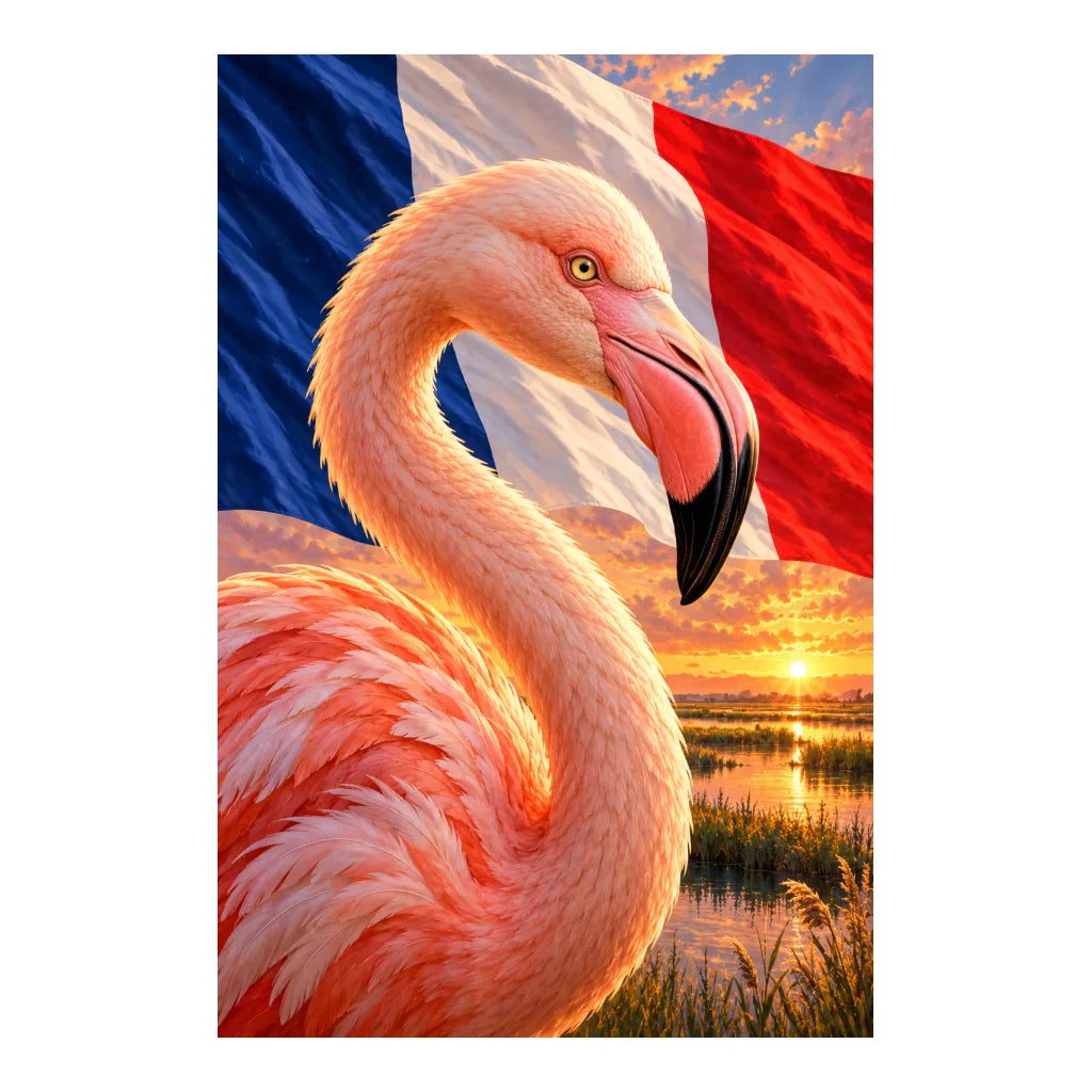 A pink flamingo standing in Camargue wetlands beneath a French tricolor sunset